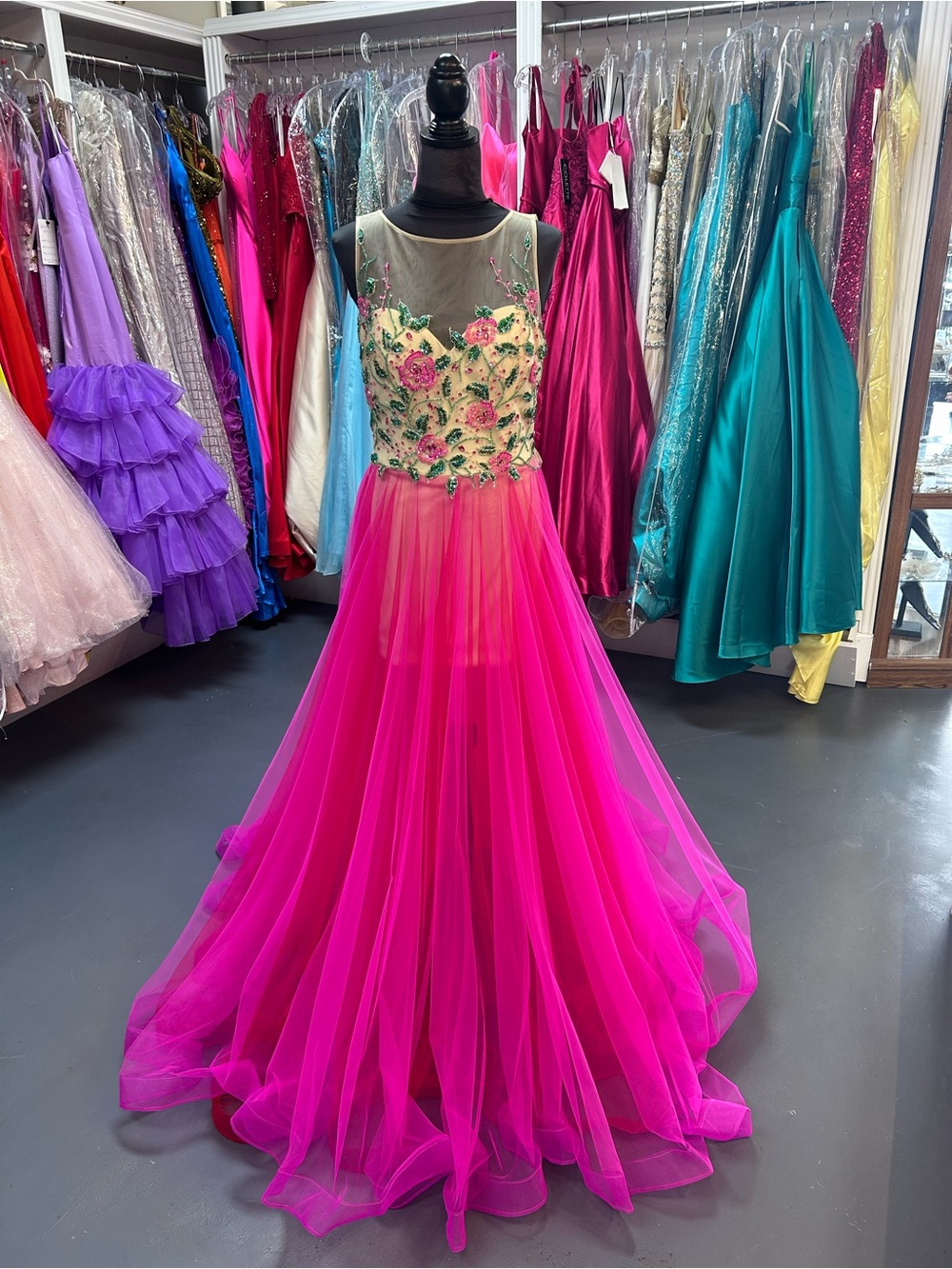 Floral Embroidered Hot Pink Tulle Prom Gown